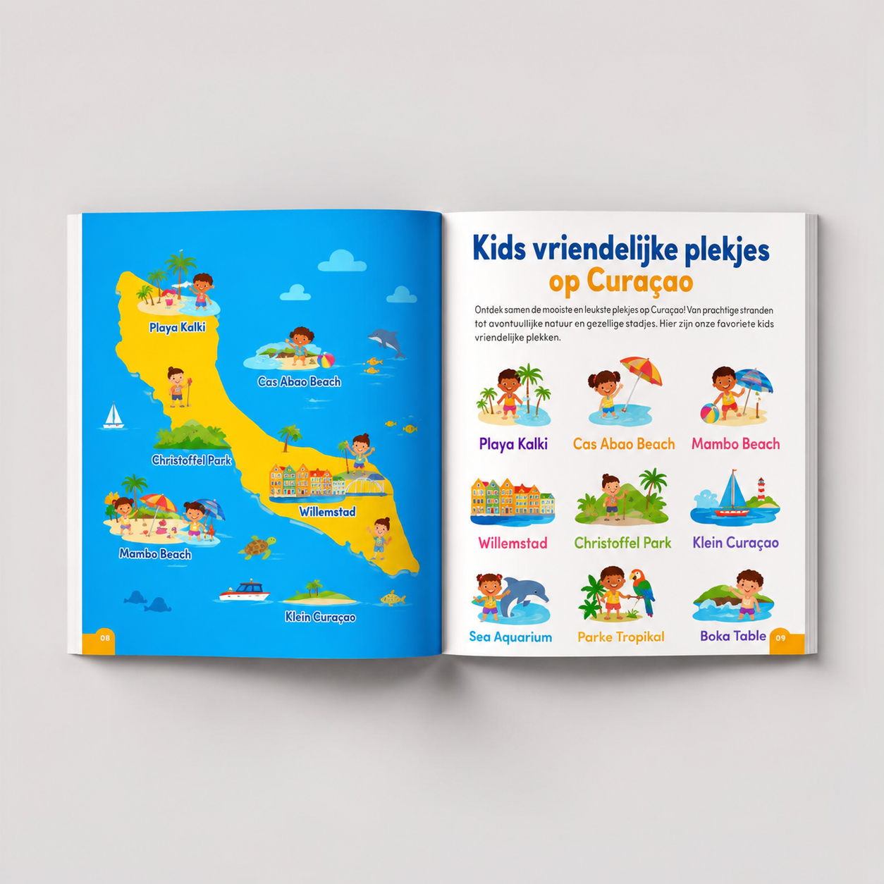 Voorbeeldpagina's uit de Kids Vakantiegids Curaçao